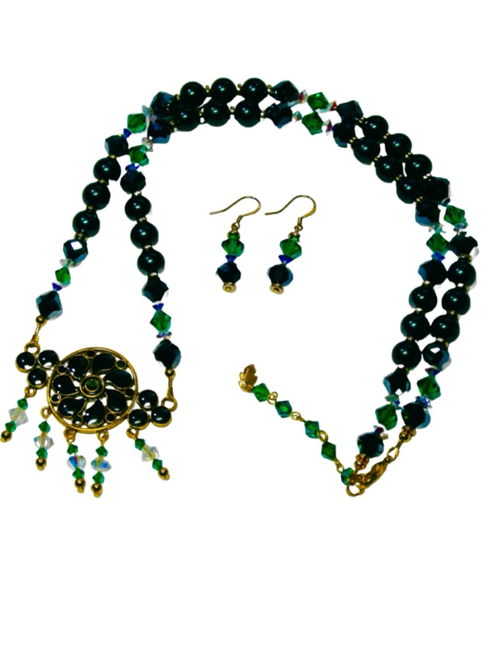 OOAK Artisan Necklace and Earrings, Black Bead Swarovski Crystals Green Goldtone